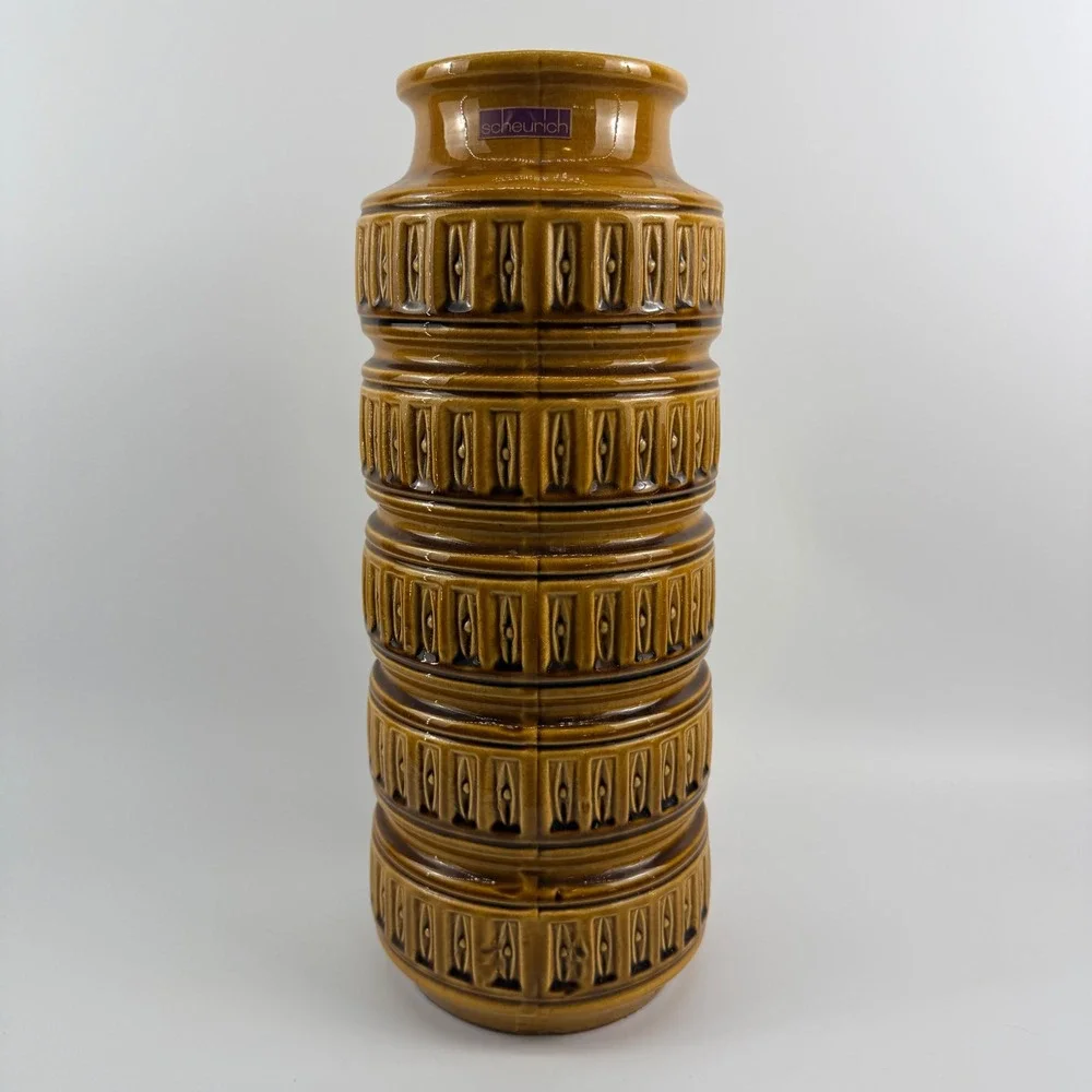 Vtg West Germany Scheurich Pottery Mustard Gold Totem Cylinder Floor Vase 16